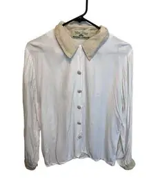 Vintage Collared Long Sleeve Button Up Blouse White Sheer Beige Collar Large