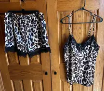 2 piece Leopard Sleep Set Cami & Shorts Size XL Silky Lingerie Pajamas