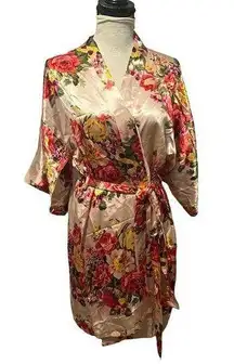 Satin Tie Belted Robe Apricot Pink Floral Bouquet Kimono