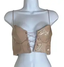 Meshki Womens Size Medium Pleather Latex Crop Top Beige Lace Up Front NWT