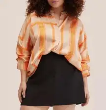 MANGO MNG Satin Print Blouse Tunic Orange Oversized Long Sleeve Imported Size 6