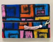 Makeup Junkie, multicolor, vibrant, abstract, make up bag, leather tassel pull