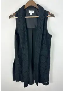 Elle Womens Small Black Lace Longline Vest Open Front Sleeveless Layering Boho