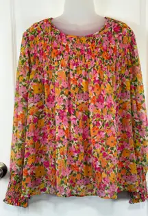 Terra Sky Floral Print Smocked Neck Long Sleeve Blouse Women's 1X Pink Orange
