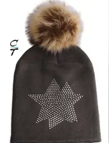Brown Knit Beanie with Fur Pom Pom