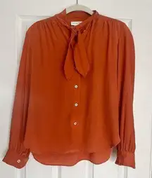 Vintage 70s Evan-Picone Tie-Neck Silky Blouse, Size 10,Made In USA,Burnt Orange