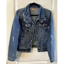 Denim Jacket Kancan Womens L Blue Denim Jean Distressed Trucker Boho button NWOT