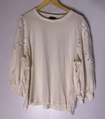 J Crew Crochet‎ Trim Puff Sleeve Long Sleeve T-shirt Cream Size XL