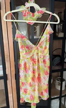 Victoria’s Secret Lingerie set babydoll mini dress thong floral chiffon sheer