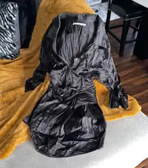 New Alexander Wang Ruched Crinkled-satin Mini Shirt Dress In Black