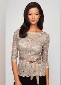 Alex Evenings Sequin Embroidered Lace Top Champagne Tan XL