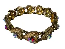 Vintage Gold-Tone Heart Link Bracelet Multicolor Rhinestone Beaded Accents READ