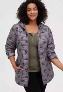 Torrid Packable Puffer Hooded Jacket In Grey With Skull Pattern