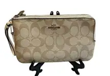 Coach  Signature PVC Double Corner Zip Wristlet Wallet (IM/Light Khaki/Chalk)