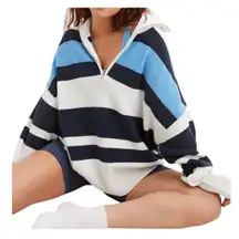 NWT Aerie Beyond Women's Striped Quarter Zip Oversized Knit Sweater XS Nautical