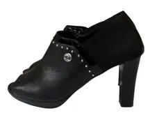 Brighton Women's Vixon Black Leather Studded Peep Toe Heel Booties SZ 7 1/2‎