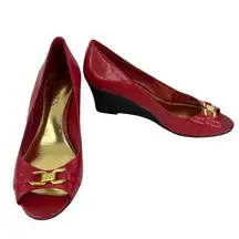Ralph Lauren Wedges Paula Cherry Red 7.5B Leather Open Toe
