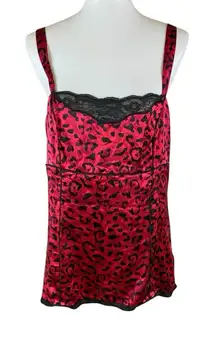 White House Black Market Red Silk Cami M Animal Print Lace Trim Night Out