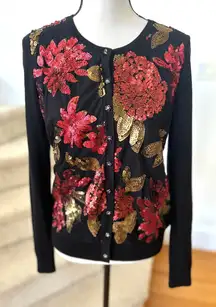 Charter Club Black Red & Gold Sequin Floral Button Down Long Sleeve Cardigan