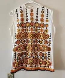 Vtg 70s Empire Womens Abstract Trippy Disco Mod Hippie Harvest Sleeveless Top