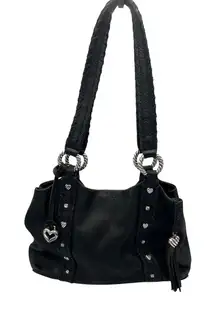 Brighton Vagabond Black Leather Shoulder Bag Heart Charms Silver‎ Designer Lux