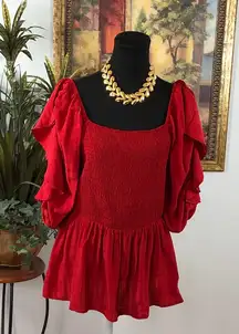 Elegant Red Women's Smoked Top Balloon Flutter Sleeve Off The Shoulder 1XL pleat
