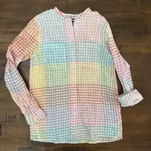 Lands' End 100% Linen Button Down Shirt Multicolor Checks XS