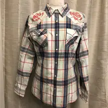 Retro Plaid Snap Button Front with Paisley Embroidery