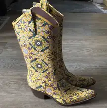 Cowboy Rain Boots - Yellow and Purple Heeled Boots with Intricate Patterns