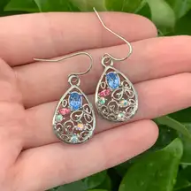Silver Teardrop Shaped Dangly Earrings w/ Rhinestones