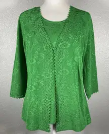 Womens Cardigan Blouse L Kelly Green Floral Cut Outs Holiday Party Elegant NWOT