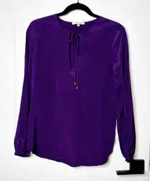 Lavender Brown Purple 100% Silk Tie Neck Long Sleeve Blouse Top Women's Size S