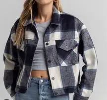 RSQ  Tilly's Cropped Large Print Plaid Button Front Jacket Shacket Blue Combo S