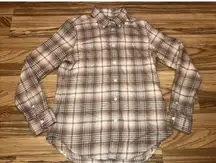 Polo Ralph Lauren Flannel Shirt Top Women Medium Beige Brown Plaid Pony‎ Preppy