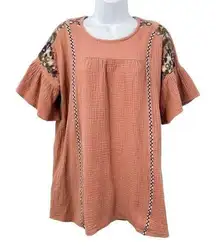 Buckle LoveRiche Embroidered Floral Print Seersucker Ruffle Sleeve Tunic Top Blouse