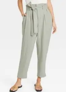 A New Day Paperbag Waist Pants LARGE Ankle Belted High Waist Light Green Casual