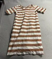 Pact Striped White & Taupe Short Sleeve 100% Organic Cotton Twist Back Dress S
