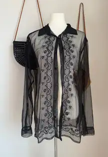 ASOS Design Black Mesh Floral Button Down Shirt, Size Large