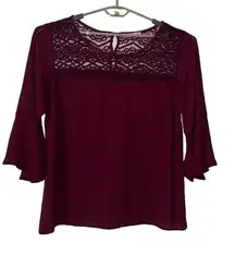 Signature Collection Burgundy Blouse Tunic Top Lace Bell Sleeve Women's Size 1X