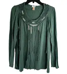 Downeast Green Jeweled Bib Necklace Long Sleeve Scoop Neck Blouse‎ Sz Medium