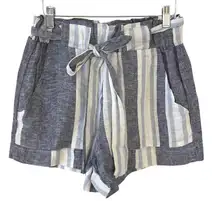 Indigo Rein Striped Paperbag Waist Shorts Womens Linen Blend Tie Front Medium