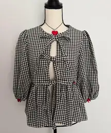 black & white gingham bow tie up blouse with mini red bows & red rosebuds