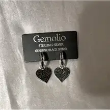 GEMOLIO STERLING SILVER AND BLACK SPINEL HUGGIE HOOP DANGLE HEART EARRIN…