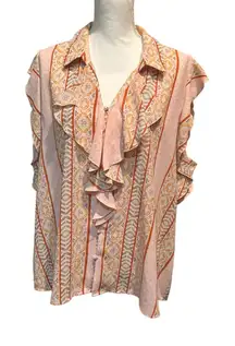 Karl Lagerfeld Paris Ruffle Sleeveless Blouse Pink Orange Print Button Front 2XL
