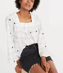 Madewell Embroidered Windowpane Square-Neck Button-Down‎ Top White White Wash XS