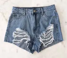 Front Ripped Distressed High Rise High Waist Denim Shorts