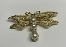 Signed Monet Costume Brooch Pin - Gold Tone Faux Pearl Dragonfly Insect