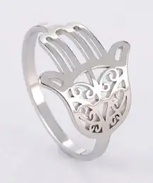 NEW Unisex Hamsa Hand 18k White Gold‎ PVD Pinky Small Ring Size 7