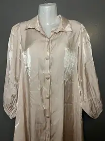 Boohoo Shirt Dress Womens 10 Pink Satin 3/4 Puff Sleeve Button Front Knee Length