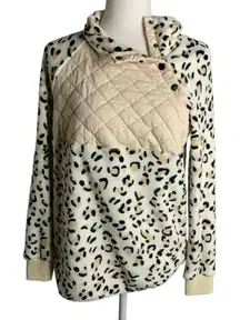 Leopard Print Fleece Pullover Sweater S White Snaps Long Sleeve High Neck